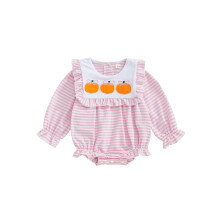 (6-12 Months, Pink) Gestreifter Baby-Mädchen-Strampler mit Kürbisstickerei, Rüschen, langen Ärmeln und Ballonmuster