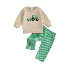 (12-18 Months, Khaki) Kisgyermek őszi öltözék traktoros pulóver és kockás nadrág 2 db-os szett