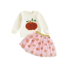 (12-18 Months, Apricot) Gyerek lány őszi szett tök hímzett hosszú ujjú pulóver és tüll szoknya