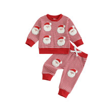 (18-24 Months, Red) Conjunto navideño de 2 piezas para bebé: camiseta de rayas y pantalón. Ropa de invierno.