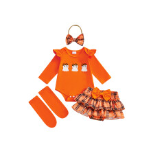 (12-18 Months, Orange) Conjunto de ropa para bebé niña: pelele de manga larga con bordado de fantasma, falda pantalón, diadema y medias.