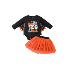(3-6 Months, Black) Conjunto de Halloween para bebé niña: pelele manga larga con letras y murciélagos, y falda tutú.
