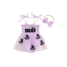 (12-18 Months, Purple) Baby-Mädchen-Halloween-Kleidung: Ärmelloser Strampler mit Buchstabenstickerei, Bindebändern und Schleifen-Haarreif