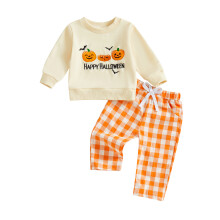 (2-3 Years, Orange) Kisgyermek baba ruha szett hosszú ujjú halloweeni tök hímzett pulóver kockás nadrággal 2 db-os szett