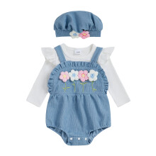 (3-6 Months, Blue) Baby-Mädchen Strampler mit Blumenstickerei, langärmelig, Rundhalsausschnitt, angedeuteter Zweiteiler mit Mütze