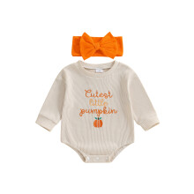 (12-18 Months, Khaki) Baby-Mädchen-Jumpsuit zum Erntedankfest, langärmelig mit Kürbis- und Buchstabenstickerei, Waffelpiqué mit Stirnband