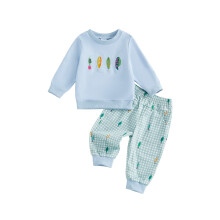 (3-4 Years, Blue) Conjunto de dos piezas para bebé: sudadera de manga larga con bordado de señuelo de pez y pantalón.
