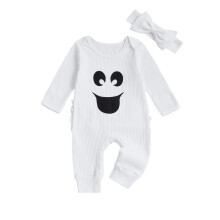 (0-3 Months, White) Salopetă bebeluși, bandă de susținere, mânecă lungă, guler rotund, 2 buc., Halloween, fetiță
