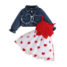(3-4 Years, Red) Kislány őszi szettek szívmintás tüll patchwork trikó hosszú ujjú hajtókás gombos farmerdzsekivel