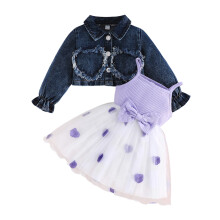 (9-12 Months, Lavender) Kislány őszi szettek szívmintás tüll patchwork trikó hosszú ujjú hajtókás gombos farmerdzsekivel