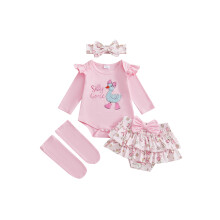 (6-9 Months, Pink) Kislány őszi öltözék rögbi liba mintás, hímzett hosszú ujjú kombi, fodros rövidnadrág, masni, 4 db szett