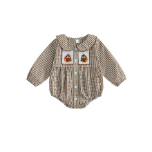 (3-6 Months, Coffee) Baby-Mädchen-Strampler für Thanksgiving/Weihnachten, lockere Passform, Karomuster, Puppenkragen, lange Ärmel