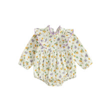(12-18 Months, Beige) Baby Mädchen Herbst Strampler mit Blumenmuster, Rüschen, Stehkragen, langen Ärmeln und Blasenmuster