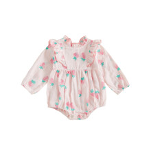 (12-18 Months, Pink) Modischer Baby-Mädchen-Strampler mit Erdbeermuster, Rüschen, Stehkragen und langen Ärmeln