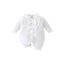 (3-6 Months, White) Baby-Mädchen-Strampler mit Schleife, modischem Spitzenbesatz, Rüschen, Stehkragen, langen Ärmeln und Ballonmuster