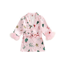(4-5 Years, Pink) Mädchen Weihnachtspyjama, langärmelig, mit Gürtel, weihnachtlichem Muster, Bademantel, Nachtwäsche