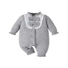 (0-1 Months, Gray) Baby-Mädchen-Strampler mit Schleife, modischem Spitzenbesatz, Rüschen, Stehkragen, langen Ärmeln und Ballonmuster