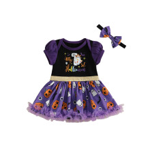 (3-6 Months, Colorful) Dívčí overal pro novorozence, krátký rukáv, potisk s dýňovým duchem, čelenka, halloweenské oblečení