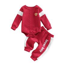 (6-9 Months, Magenta) Kisfiú ruhák divatos hosszú ujjú medve hímzés texturált romper nadrággal 2 db-os szett