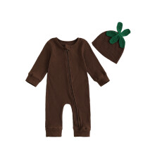 (9-12 Months, Brown) Baba fiú halloweeni bordázott overál hosszú ujjú, kerek nyakú, ferde cipzáras romper sapkával