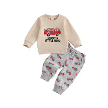 (3-6 Months, Gray) Fiú őszi 2 db-os nadrág szett hosszú ujjú O-nyakú tűzoltóautó foltos felsőrész húzózsinóros nadrág