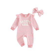(0-3 Months, Pink) Combinaison rayée pour bébé fille avec broderie de lettres, manches longues à volants et joli bandeau