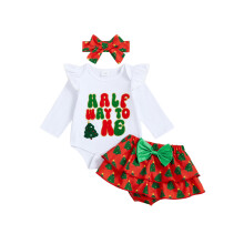(6-12 Months, Red) Conjunto navideño bebé niña: pelele largo con bordado, falda con árbol y diadema.