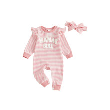 (3-6 Months, Pink Mama's Girl) Combinaison rayée pour bébé fille avec broderie de lettres, manches longues à volants et joli bandeau