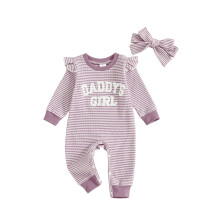 (6-12 Months, Purple) Combinaison rayée pour bébé fille avec broderie de lettres, manches longues à volants et joli bandeau