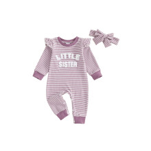 (12-18 Months, Purple Little Sister) Combinaison rayée pour bébé fille avec broderie de lettres, manches longues à volants et joli bandeau