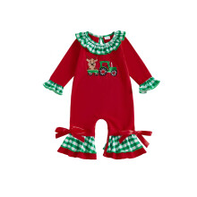 (3-6 Months, Green) Combinaison bébé fille, manches longues, col rond, carreaux, broderie élan, vêtements de Noël