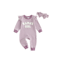 (12-18 Months, Purple Mama's Girl) Combinaison rayée pour bébé fille avec broderie de lettres, manches longues à volants et joli bandeau