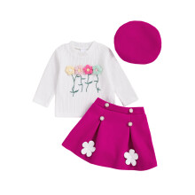 (12-18 Months, Purple) Conjunto de otoño para niña: sudadera de manga larga con estampado floral, minifalda A y boina (3 piezas).