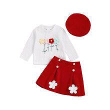 (3-4 Years, Red) Conjunto de otoño para niña: sudadera de manga larga con estampado floral, minifalda A y boina (3 piezas).