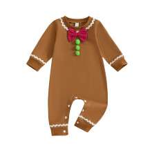 (3-6 Months, Brown) Combinaison de Noël pour bébé, style pain d'épice, ample, nœud décoratif, manches longues