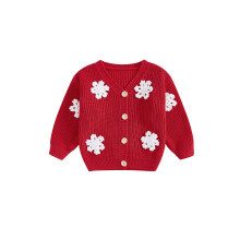 (2-3 Years, Red Snowflake) Gebreide kersttrui voor meisjes met lange mouwen, V-hals en sneeuwvlok-/kerstmanborduurwerk.
