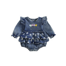 (0-3 Months, Blue) Combinaison en jean fille, brodée de fleurs, manches longues, volants, mignonne pour l'automne