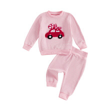 (18-24 Months, Pink) Kisgyermek csíkos szett hosszú ujjú karácsonyfa/cukorpálca hímzéssel, 2 darabos pulóver nadrággal