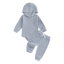 (18-24 Months, Blue) Kisfiú csíkos szettjei Divatos hosszú ujjú kapucnis romper nadrággal 2 db-os ruhák