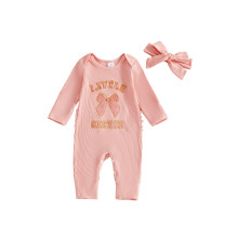 (3-6 Months, Pink) 2-teiliges Herbst-Outfit für Babys: Jumpsuit mit Rundhalsausschnitt, Schleifenstickerei & passendem Stirnband