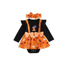 (18-24 Months, Black) Ensemble d'Halloween pour bébé fille : barboteuse manches longues et bandeau têtes de mort (2 pièces).