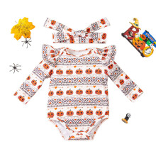 (3-6 Months, Multicolor) Neugeborenen-Mädchen-Outfit, langärmliger Strampler mit Kürbisprint und Haarband, Halloween-Kleidung