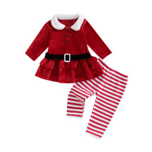 (18-24 Months, Red) Set de haine pentru fete mici, la modă, din catifea, cu mânecă lungă, cu pantaloni cu dungi, 2 buc., ținută