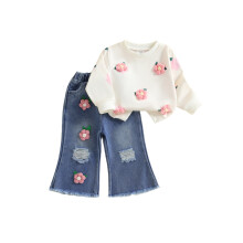 (18-24 Months, Pink) Set de toamnă pentru fete mici, cu hanorac cu mânecă lungă și pantaloni evazați din denim rupt cu elastic.