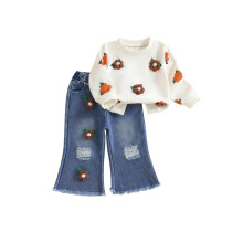 (3-4 Years, Coffee) Set de toamnă pentru fete mici, cu hanorac cu mânecă lungă și pantaloni evazați din denim rupt cu elastic.