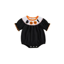 (3-6 Months, Black) Sommerlicher Halloween-Strampler für Babys und Kleinkinder, lässig, mit Kürbisstickerei, Kurzarm, süß.