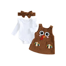 (3-6 Months, Khaki) Set de 3 piese pentru bebeluși de Ziua Recunoștinței, salopetă lungă, rochie brodată turcoaz pentru petrecere
