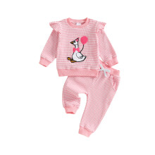 (2-3 Years, Pink) Kislány őszi szett, csíkos, libamintás, hosszú ujjú pulóver és rugalmas derekú nadrág, 2 darabos szett
