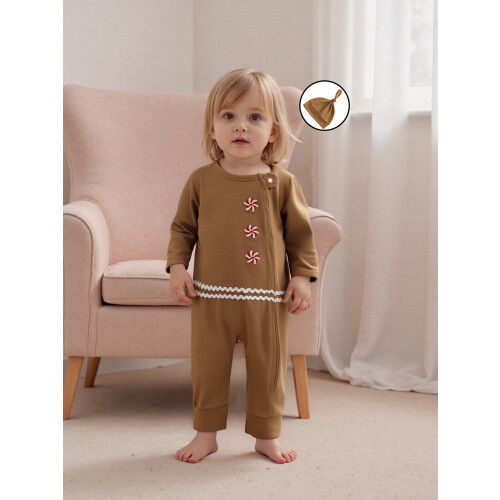(3-6 Months, Brown) Ολόσωμη φόρμα Ημέρα φερμουάρ, καπέλο. 2