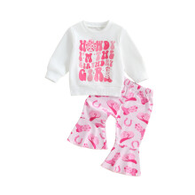 (12-18 Months, White) Kislány őszi ruhák, mintás, hosszú ujjú, kerek nyakú pulóver + mintás, trapéz nadrág, 2 db-os szett